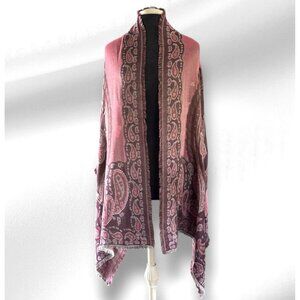 Lands End Paisley Boho Scarf Shawl Wrap Pink Brown Gray Sequins 78" x 25" Fringe